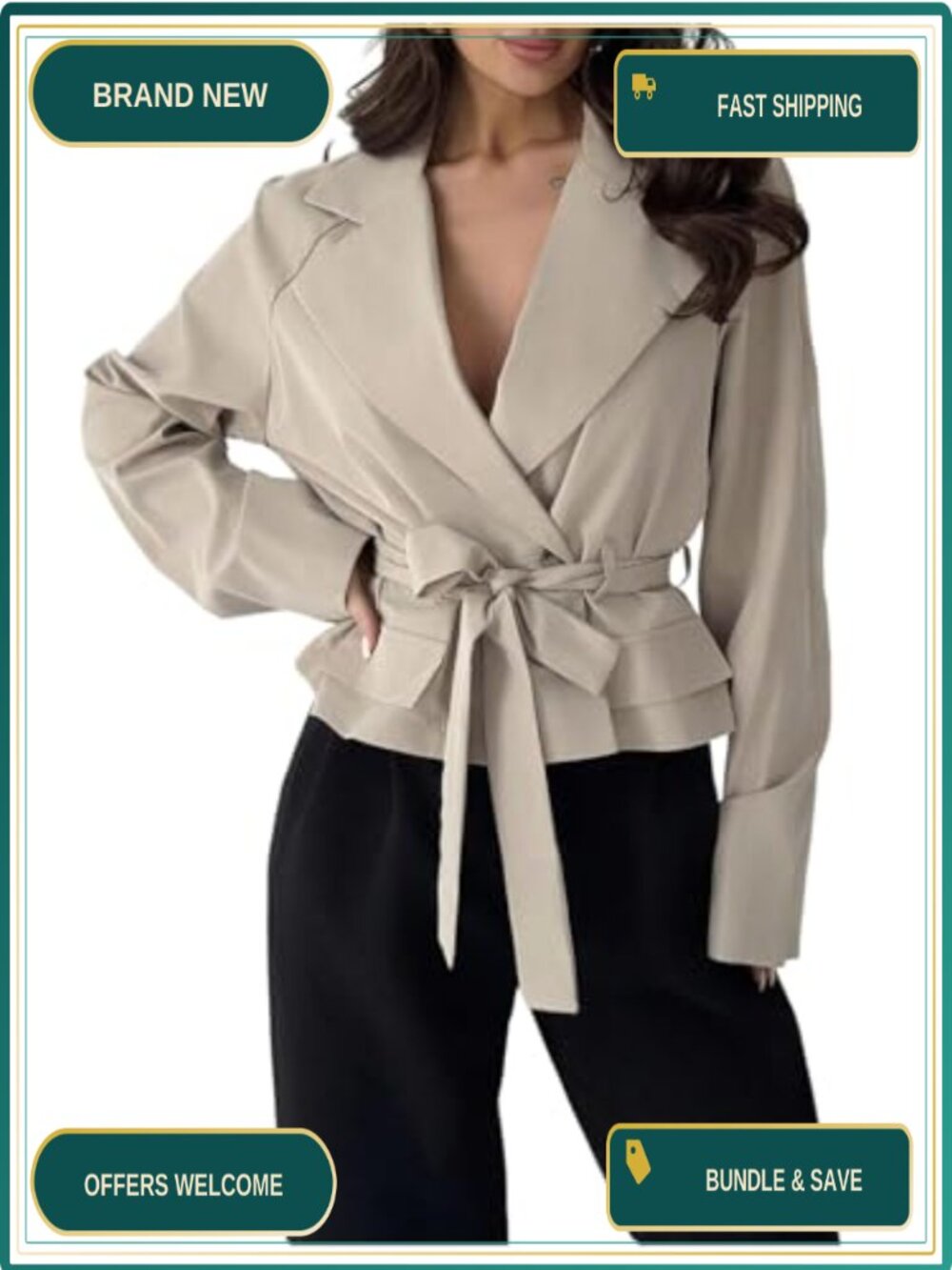 Women's Double Breasted Trench Coat Tie Belt Collared Fall Outerwear
